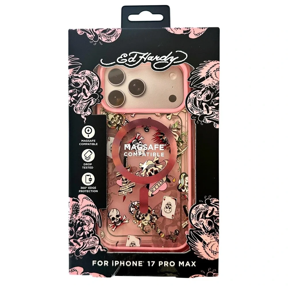 Ed Hardy Phone Case Women iPhone 17 Pro Max Pink NIB MagSafe Skull Tattoo Y2K